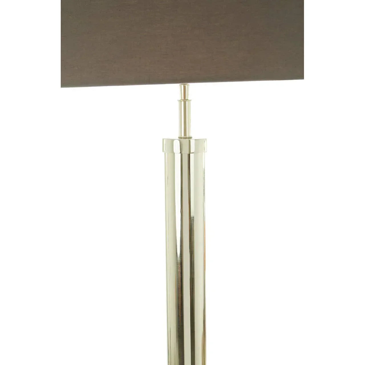 Brushed metal table lamp base with a rectangular brown fabric lampshade