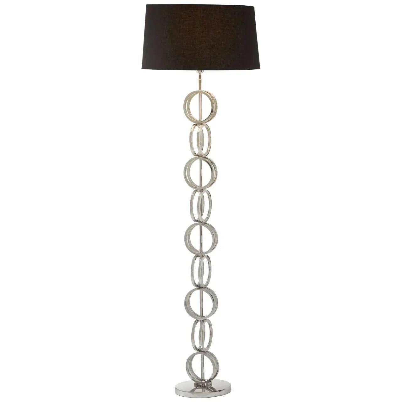 chrome floor lamp with black drum shade and sculpted circular metal base