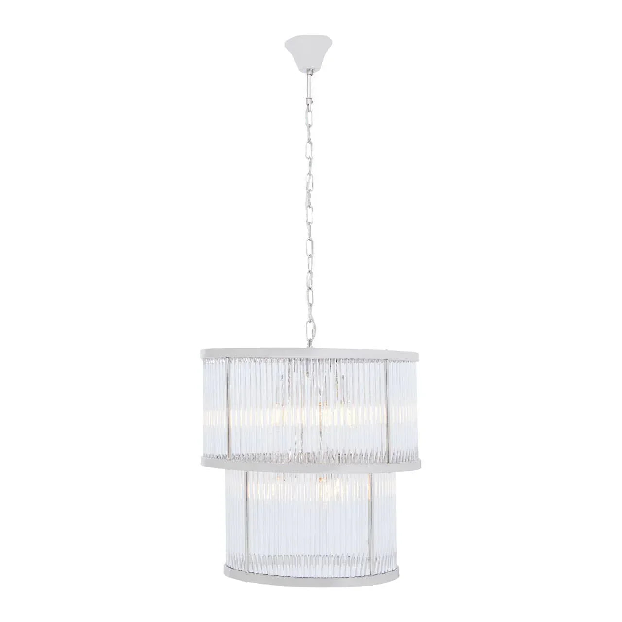 Modern glass pendant light with double drum shade and chrome chain suspension