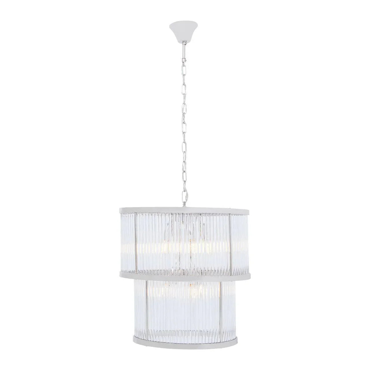 Two-tier drum pendant light with ribbed glass rod panels and a white frame, hanging