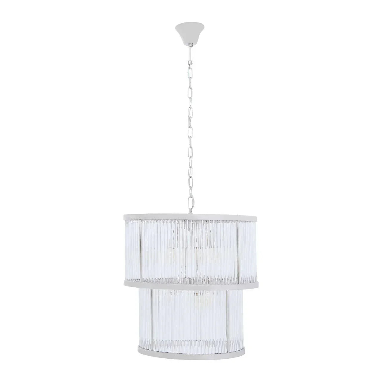 Clear glass pendant light with double drum shade and silver chain hanging from ceiling