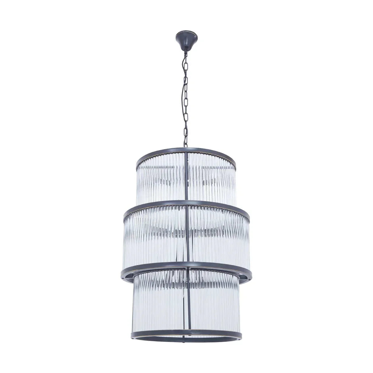 Three tier glass and metal pendant chandelier with clear ribbed glass shades