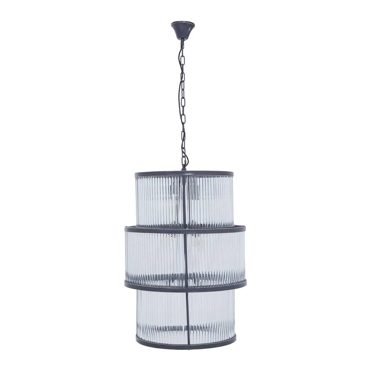 Tiered glass and metal pendant light with chain suspension, modern ceiling lighting fixture