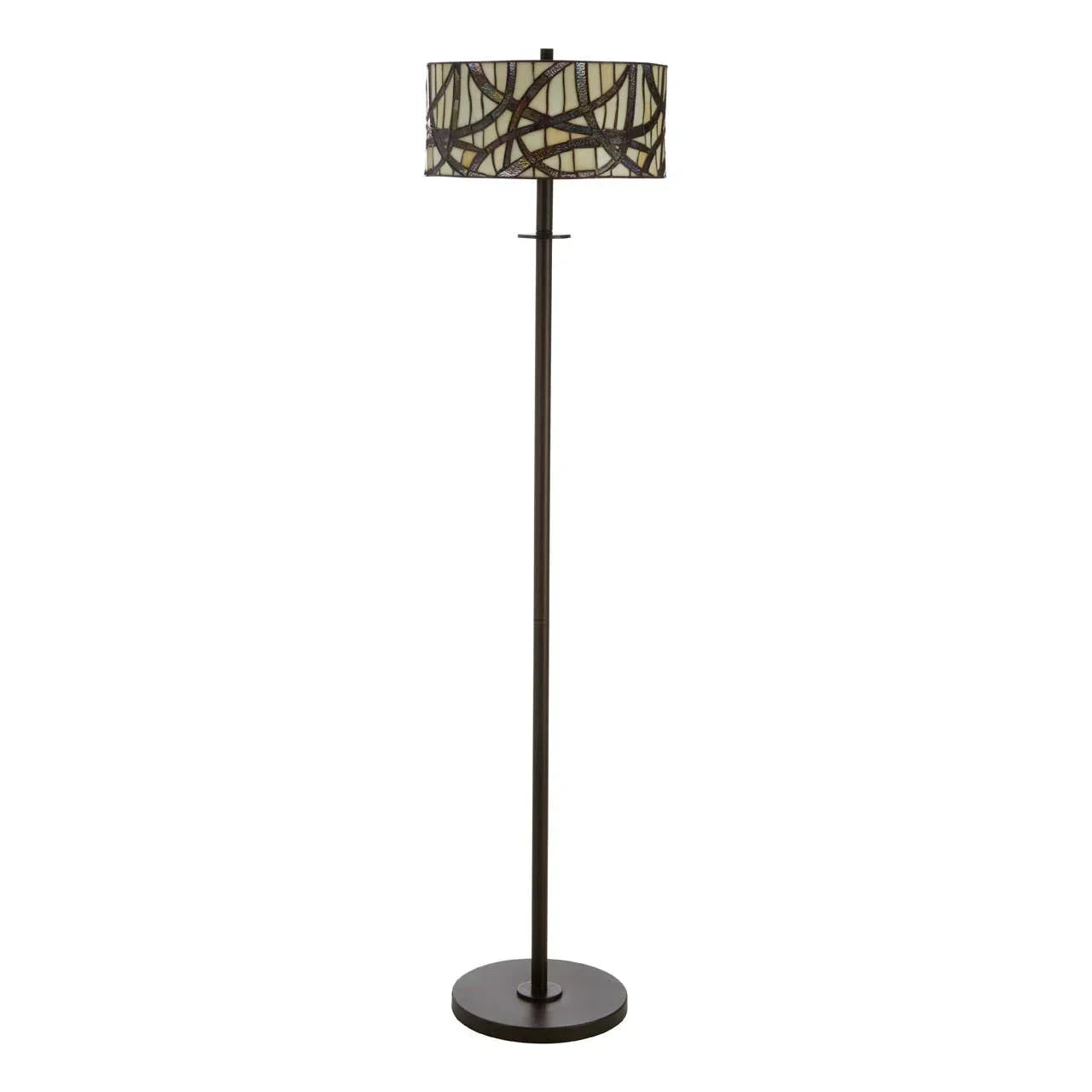 Modern floor lamp with bronze base and stained glass shade featuring abstract pattern