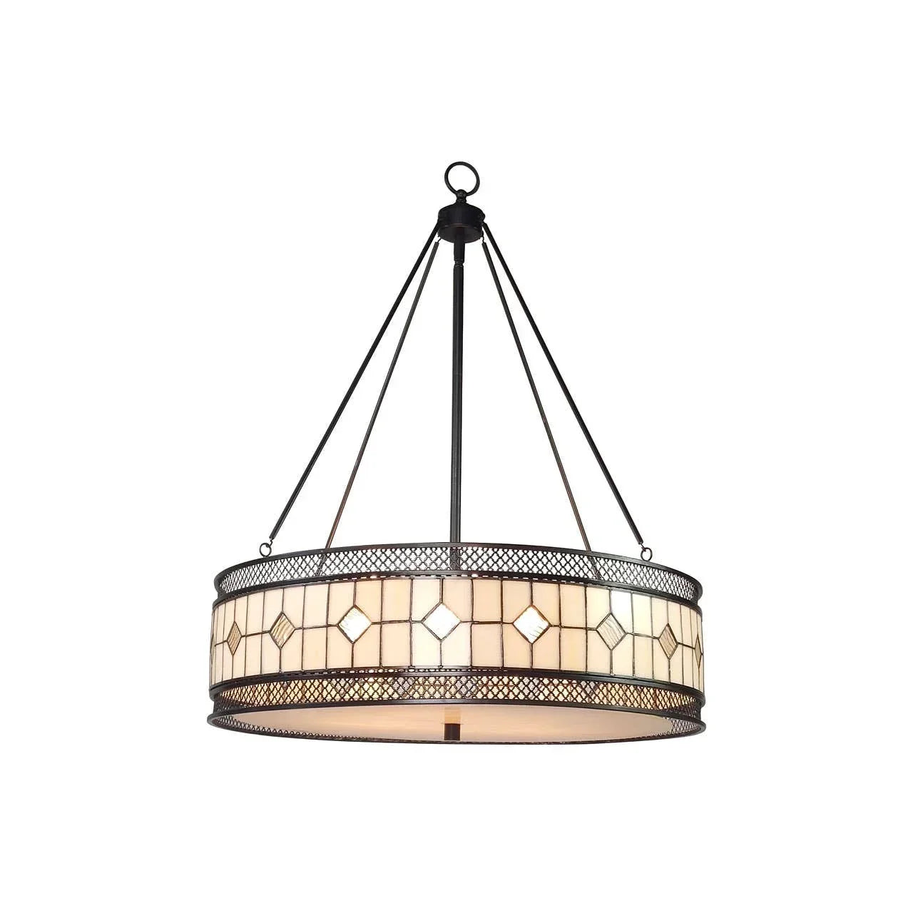 Round stained glass pendant light with geometric pattern and black metal frame