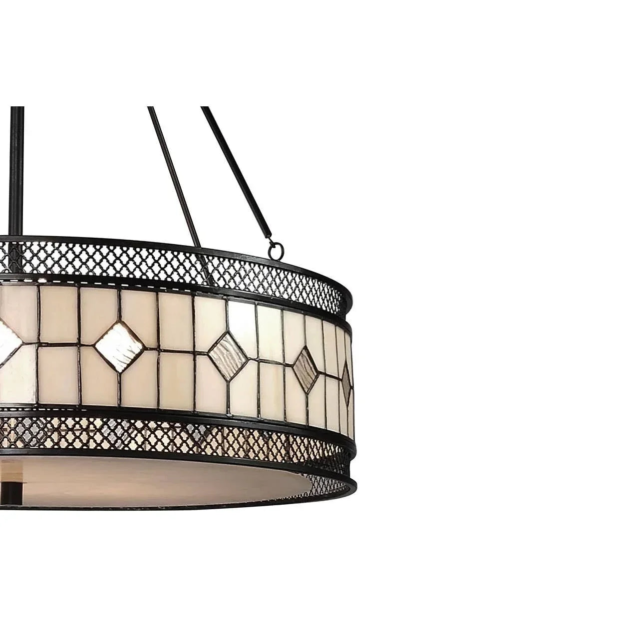 Round stained glass pendant light with black metal frame and geometric panel design