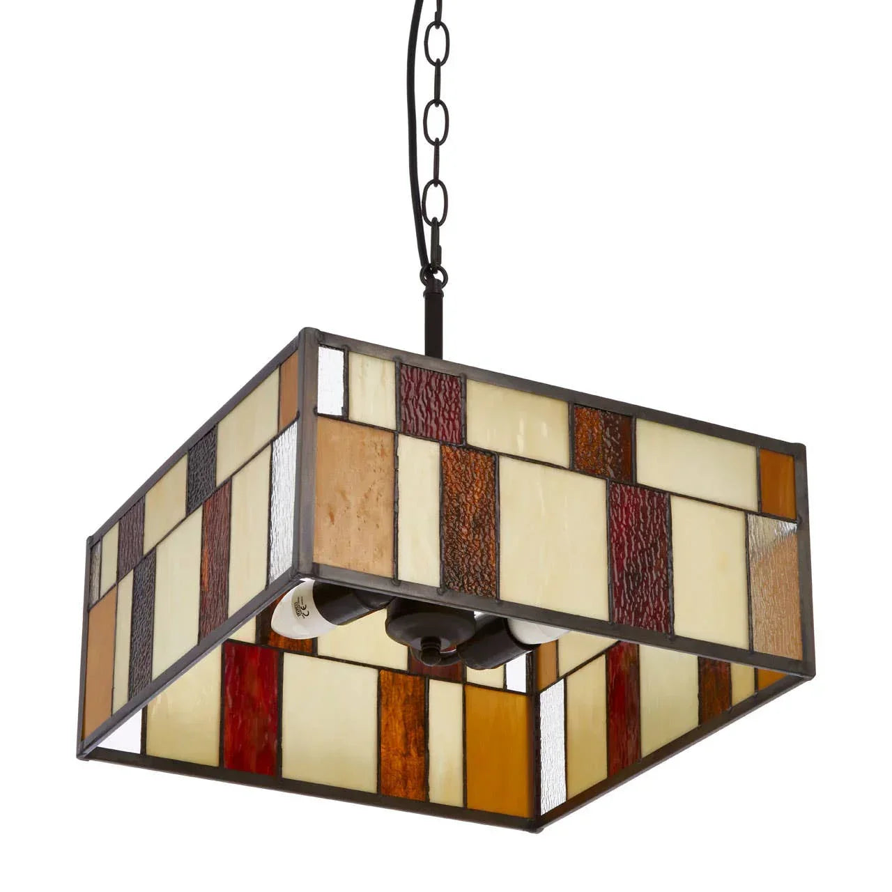 Square stained glass ceiling light pendant with cream, amber, and red geometric panels