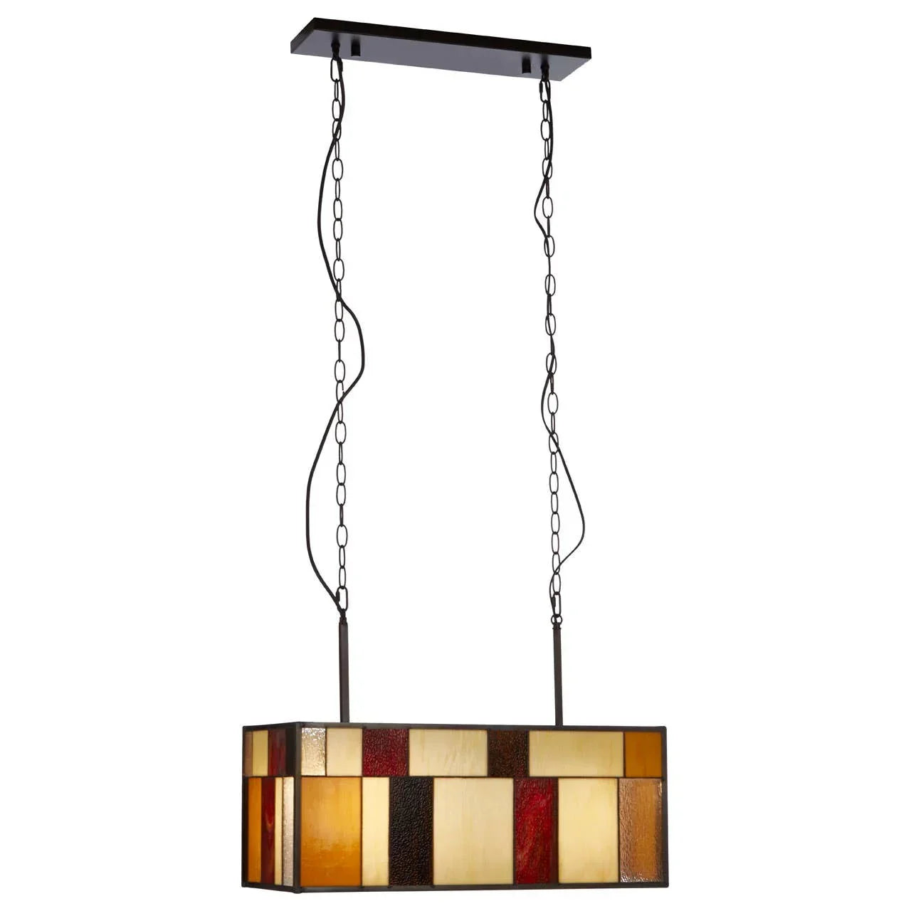 Rectangular stained glass ceiling light with amber, cream, and red panels on chain suspension