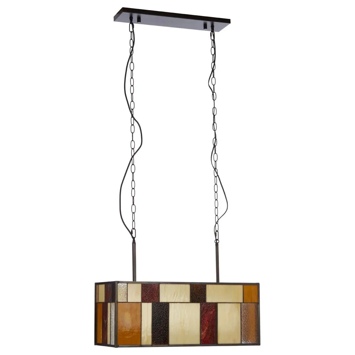 Rectangular stained glass pendant light with mosaic design and metal chains