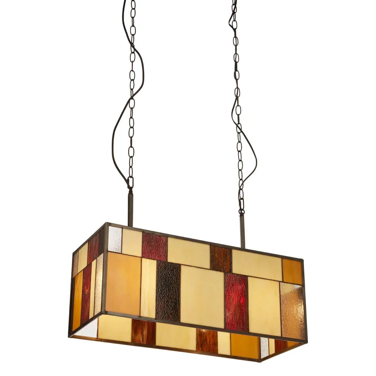 Rectangular stained glass pendant light in amber and red tones with metal chain suspension