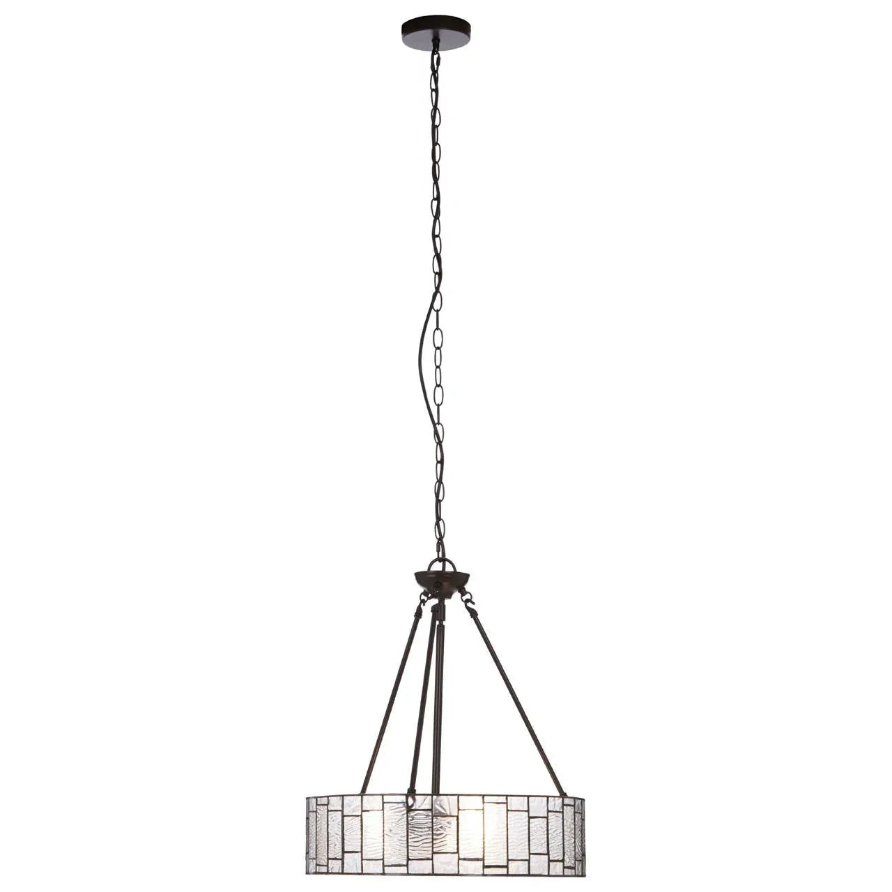Modern glass pendant light with black metal frame and chain suspension