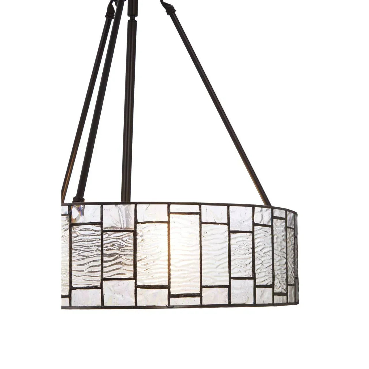 Round glass pendant light with textured panels and black metal frame