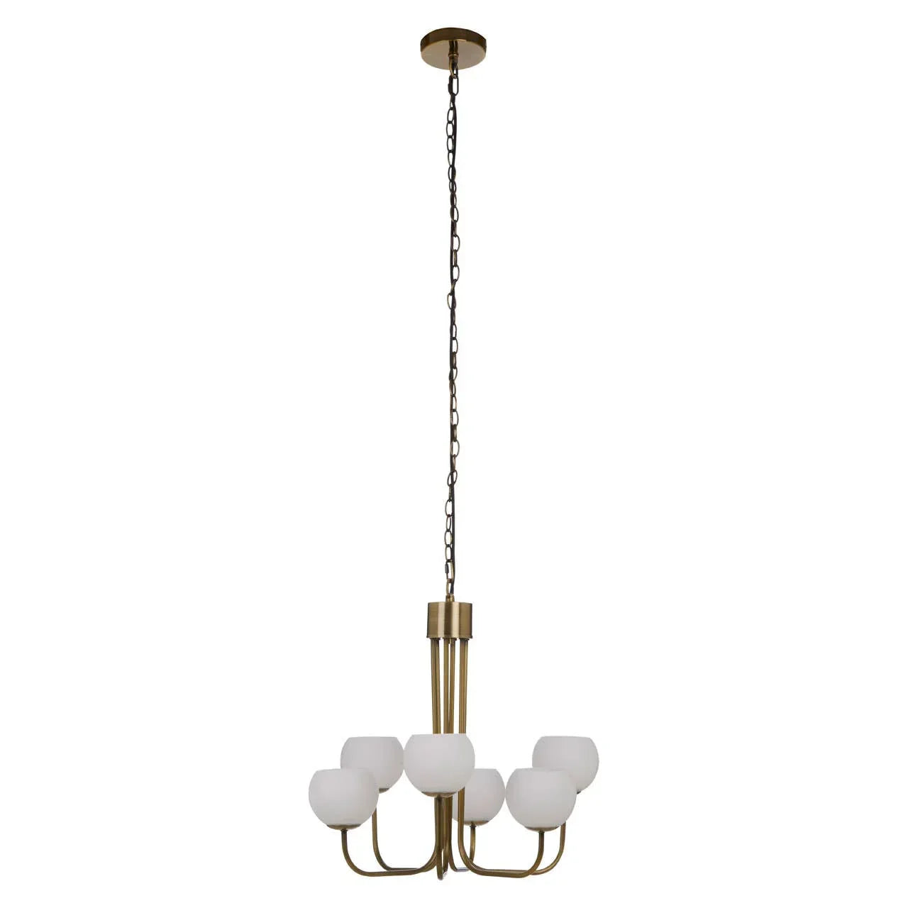 Brass chandelier with six frosted glass shades and chain suspension, modern lighting fixture