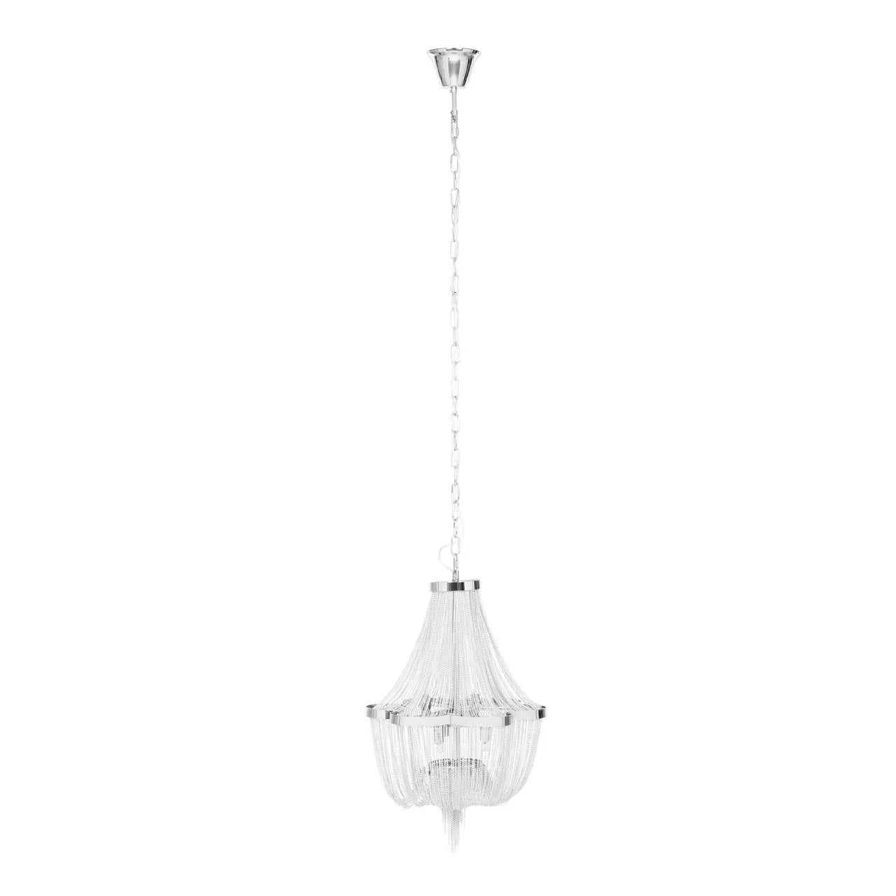 Chrome chain ceiling chandelier with metal fringe detail, modern lighting fixture