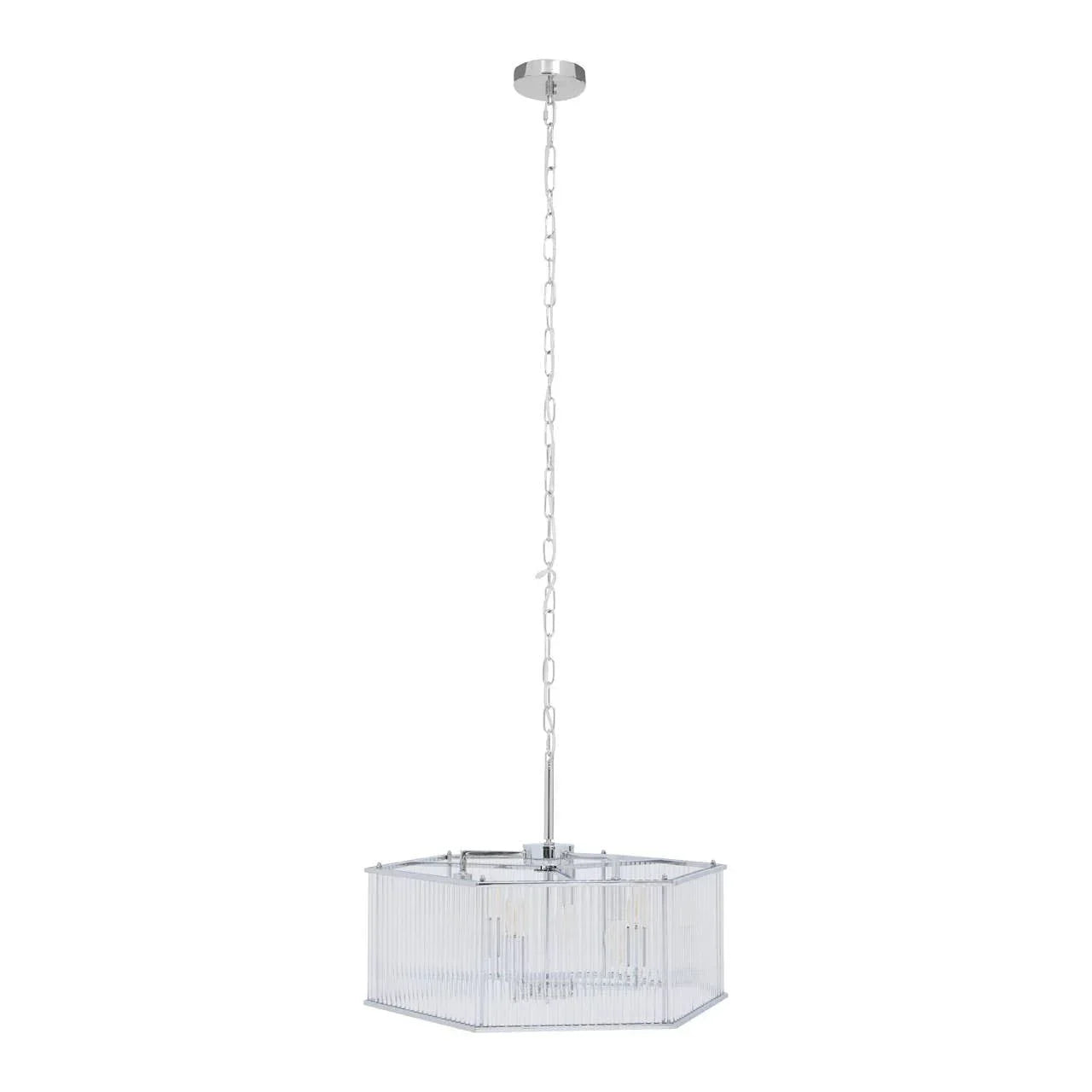 Modern chrome pendant light with hexagonal glass shade and chain suspension