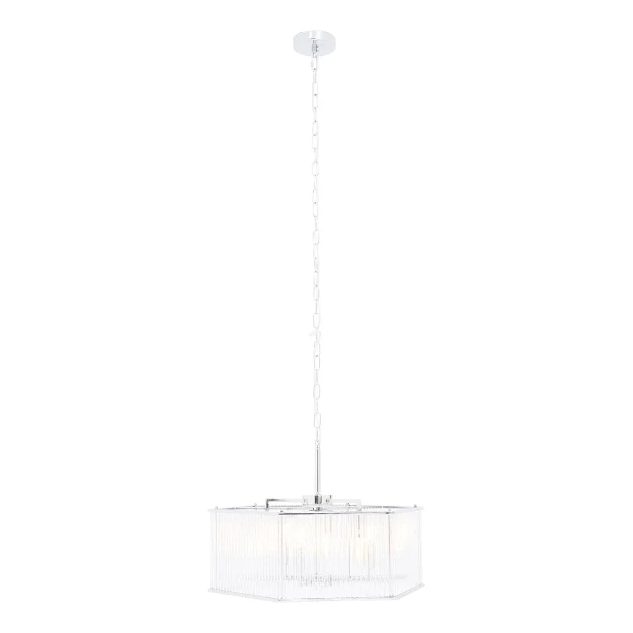 Modern glass pendant light with chrome chain and hexagonal shade, ceiling mounted