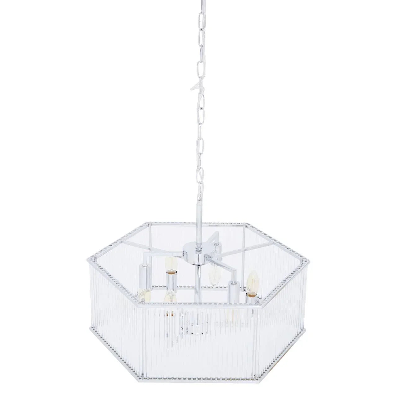 Hexagonal chrome pendant light with clear glass panels and exposed bulbs