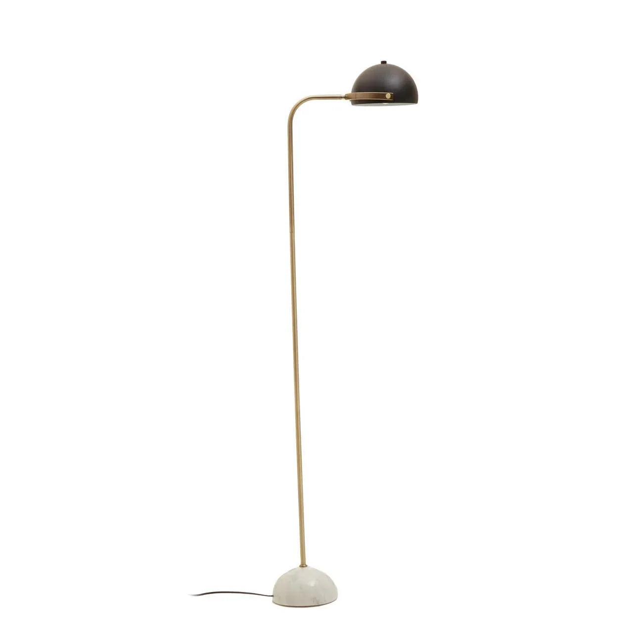 Brass floor lamp with black dome shade and marble base on white background