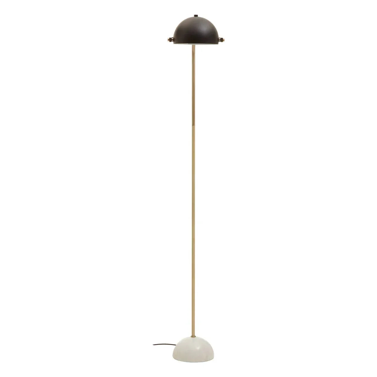 Modern floor lamp with black dome shade, gold stem, and white round base