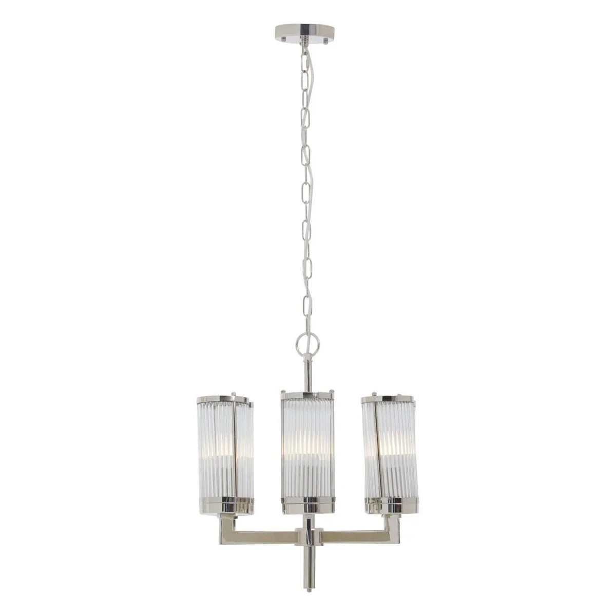Modern ceiling light fixture with three glass shades and chrome finish