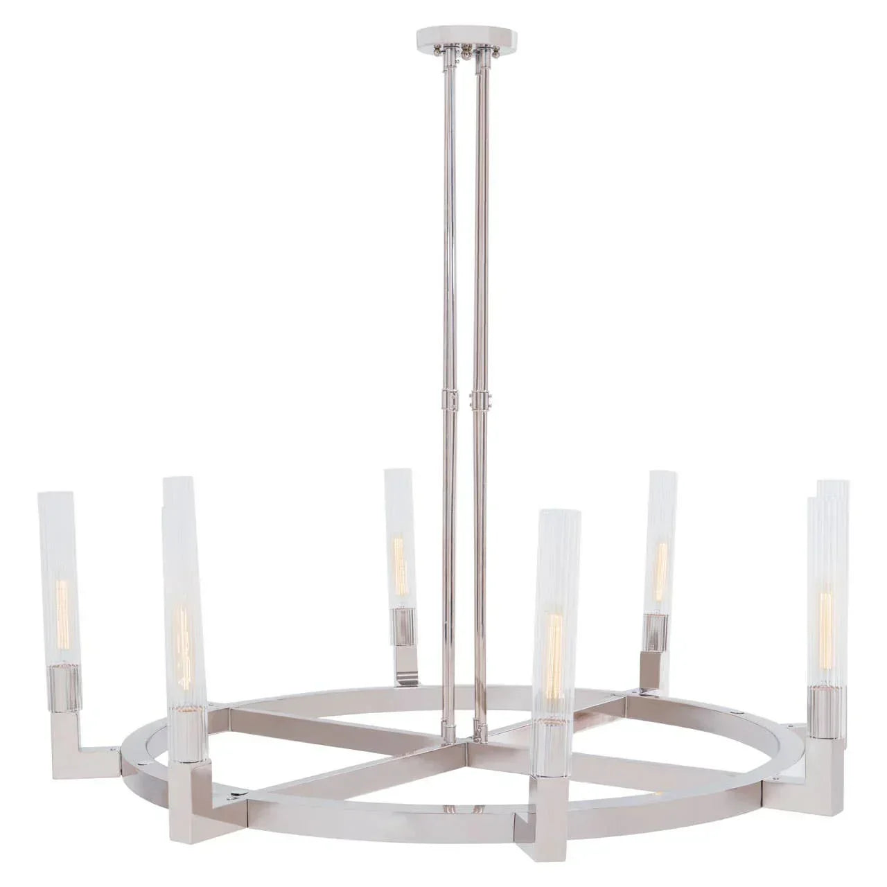 Modern chrome chandelier with circular frame and eight vertical glass tube shades