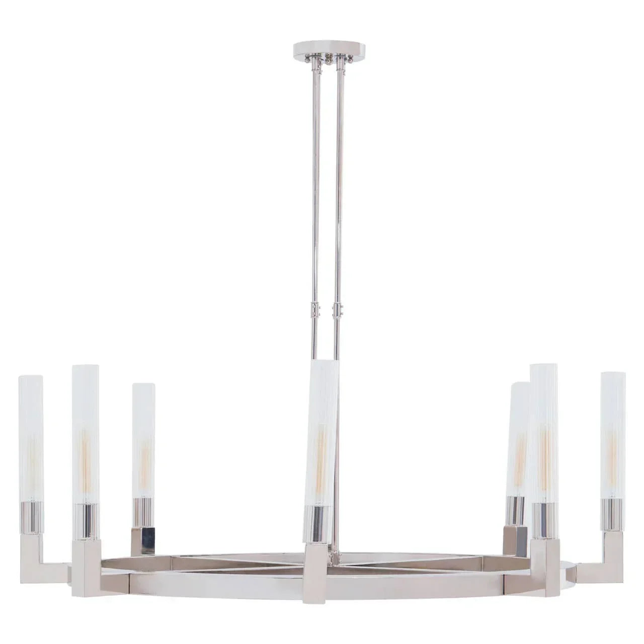 Modern chrome chandelier with six frosted glass cylinder lights, ceiling mounted