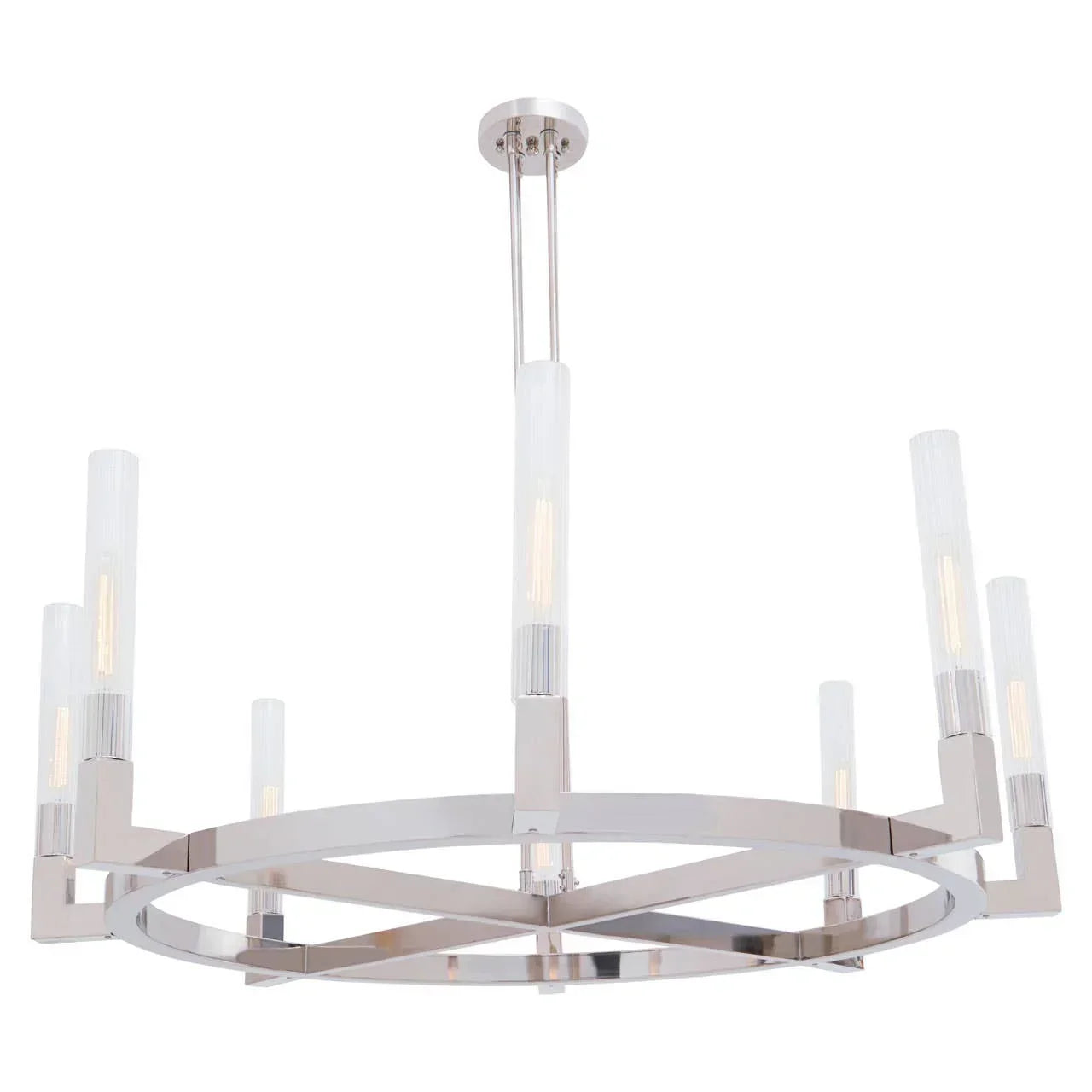 Modern chrome chandelier with eight glass tube lights and circular frame, ceiling mounted