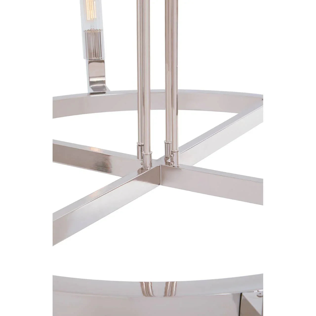 Chrome metal table base with cross support legs and reflective finish, close-up view