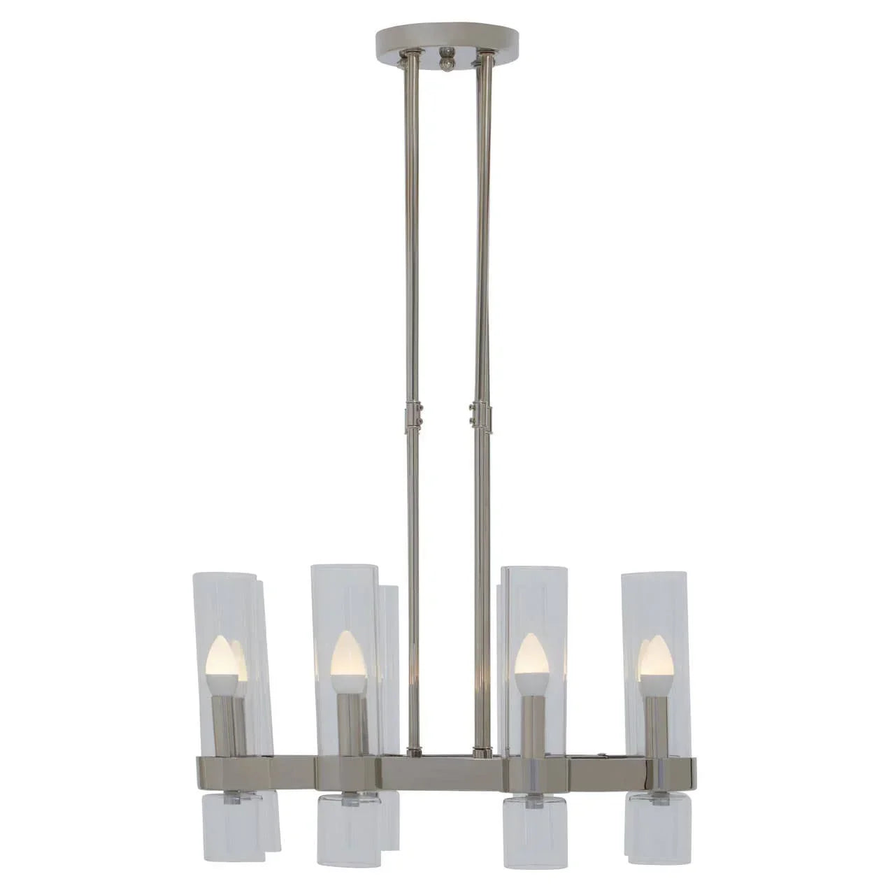 Modern chrome chandelier with five glass shades and candle style bulbs
