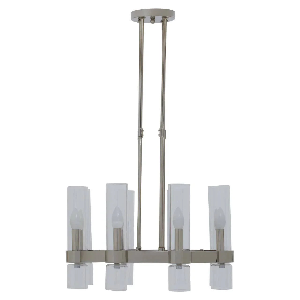 Rectangular chrome chandelier with six glass cylinder shades and exposed bulbs