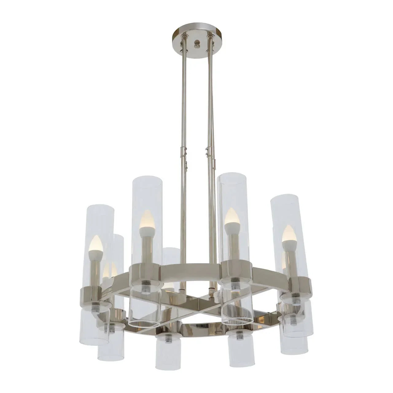 Modern chrome chandelier with circular frame and eight glass candle-style light fixtures