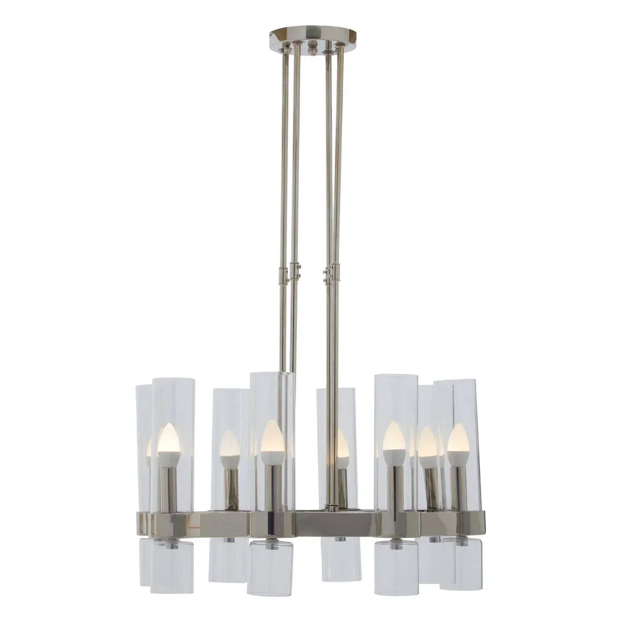 Modern chrome chandelier with eight glass cylinder shades and LED candle bulbs