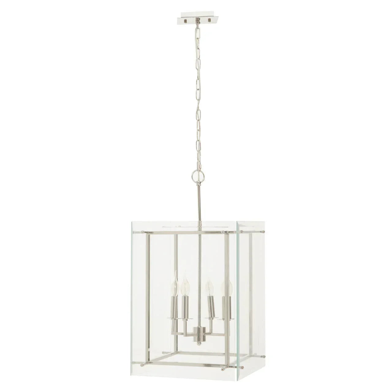 Glass and chrome pendant ceiling light with four candle-style bulbs
