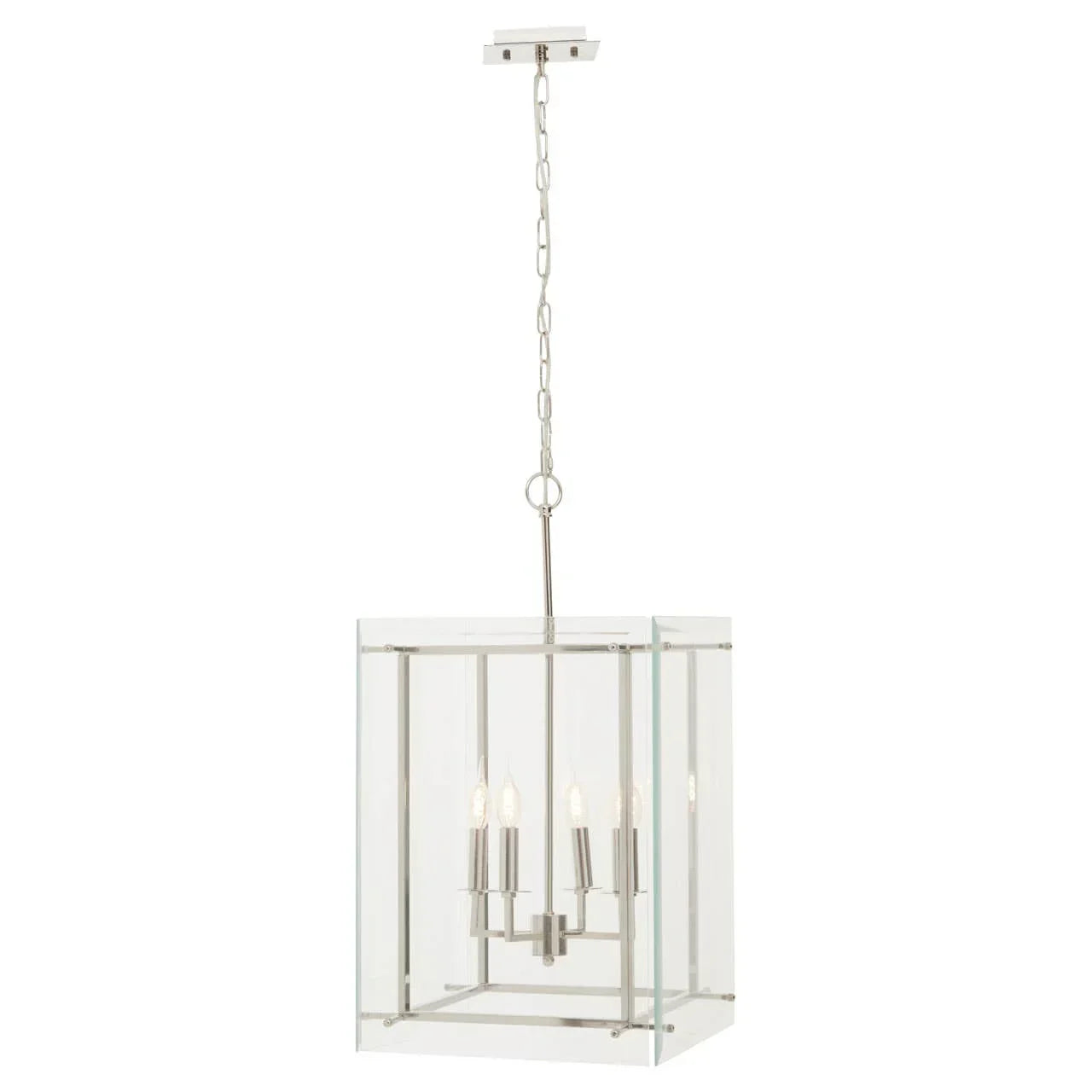 Modern glass pendant light with silver metal frame and four candle-style bulbs