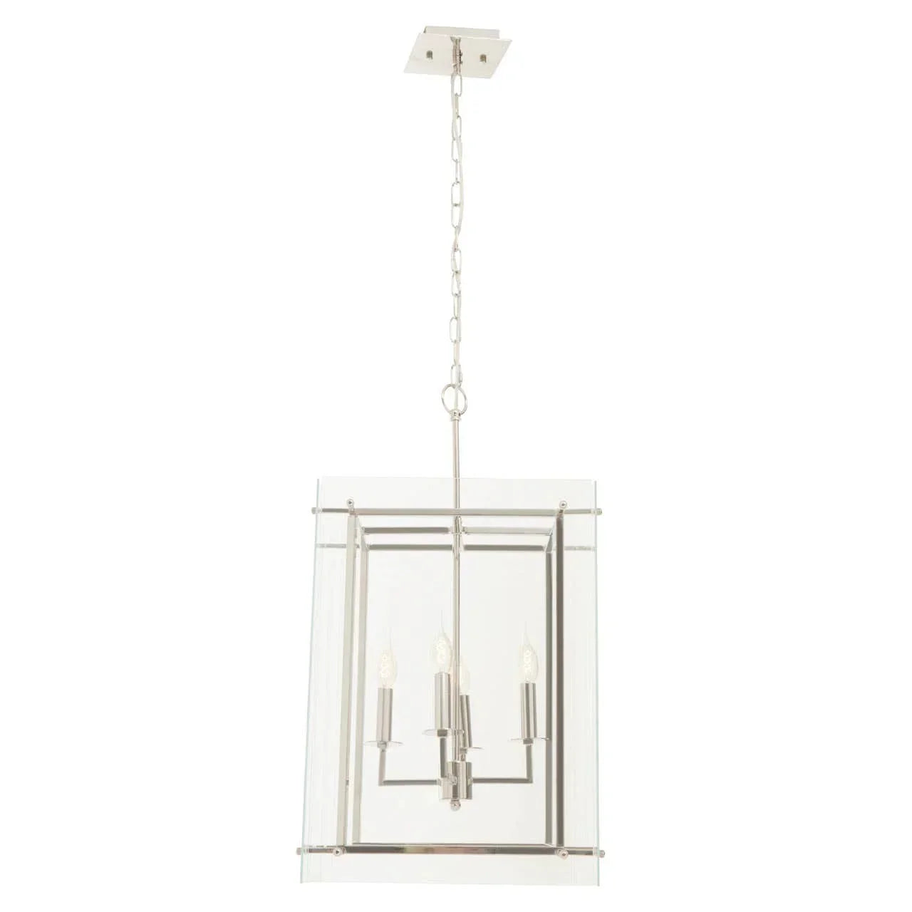 Chrome pendant ceiling light with clear glass panels and four candle-style bulbs