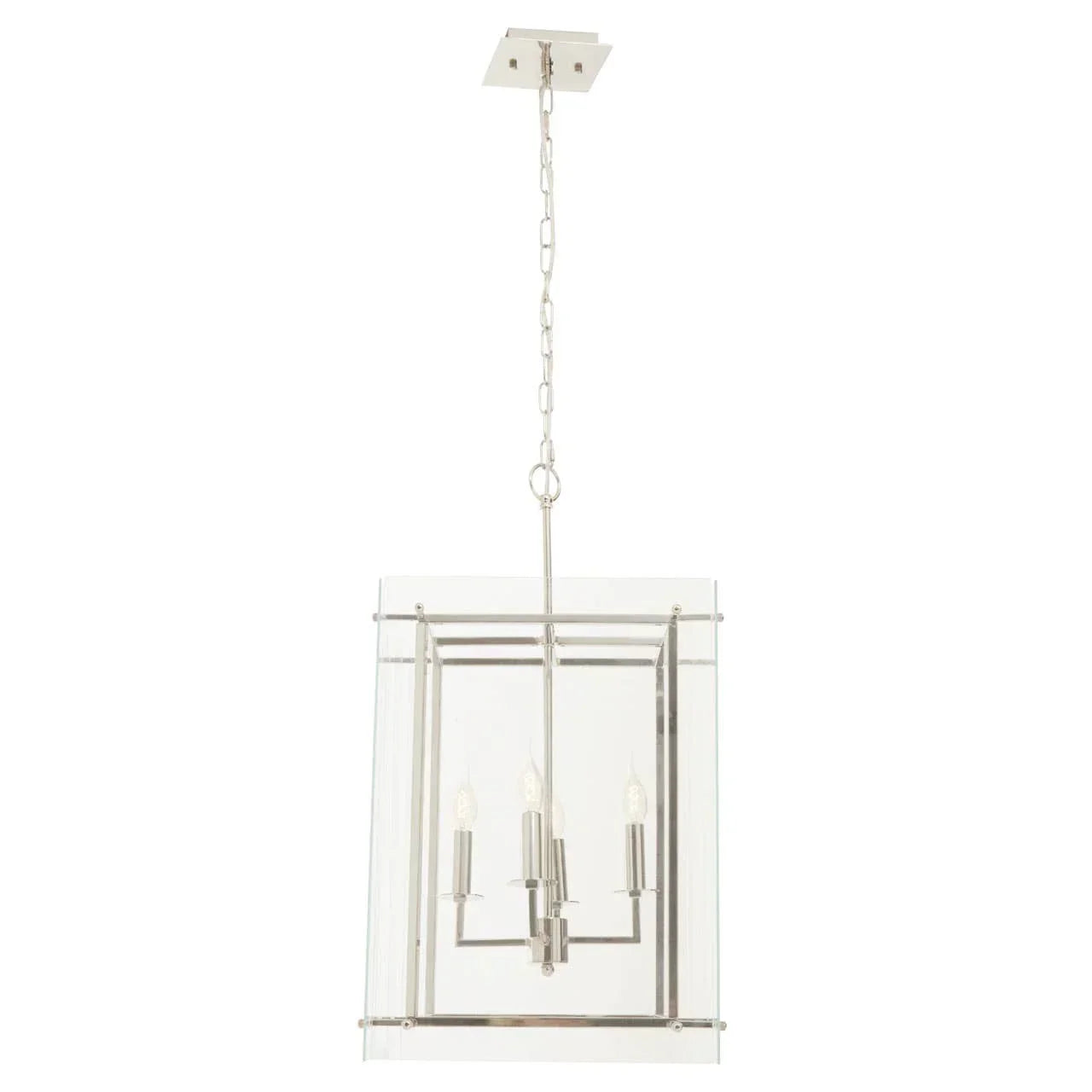 Modern chrome glass pendant light fixture with four candle-style bulbs hanging from chain