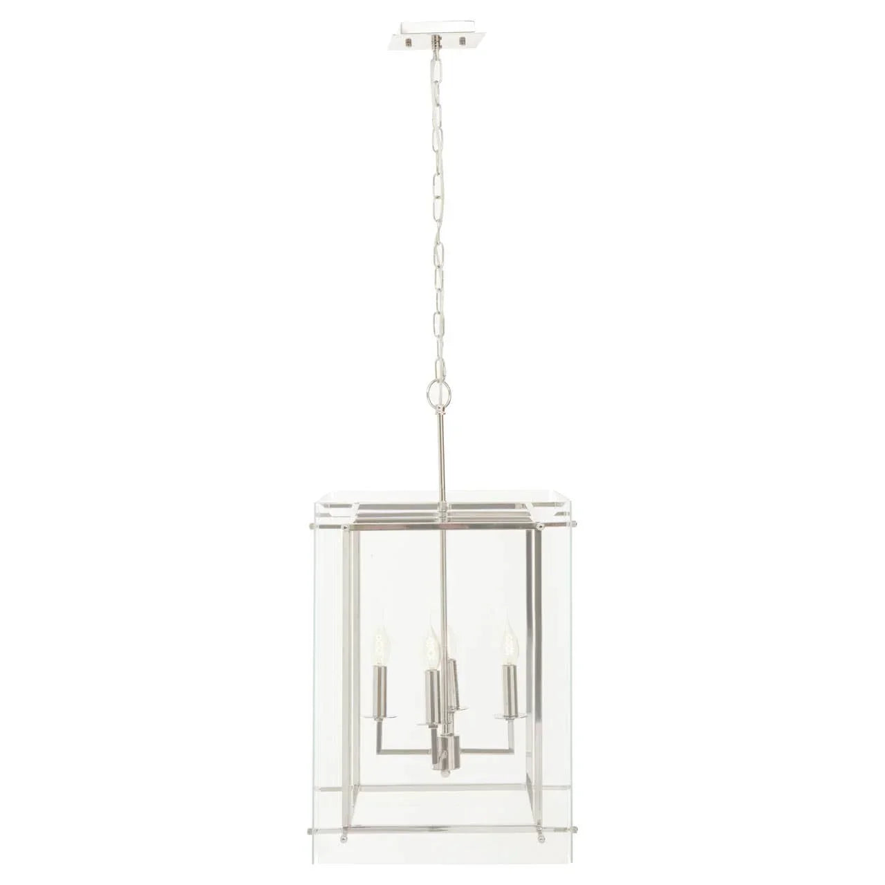 Chrome and glass pendant ceiling light with four candle-style bulbs and metal chain