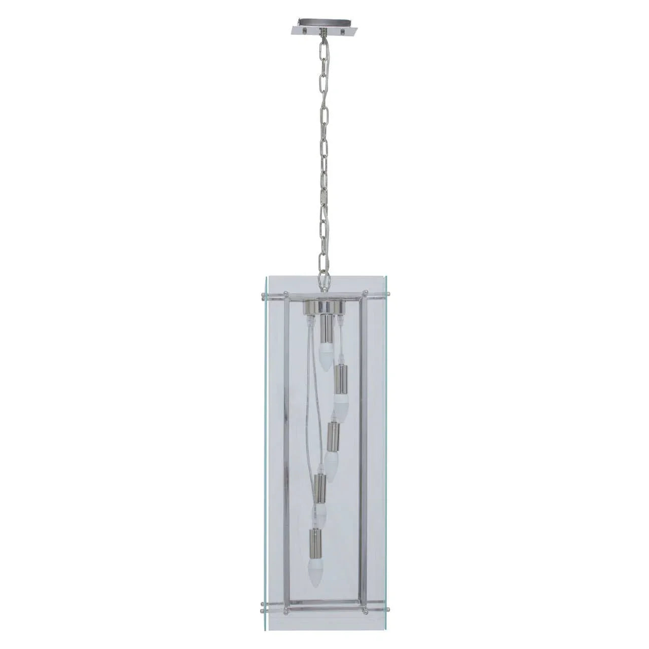 Modern chrome pendant light with rectangular glass frame and suspended bulbs