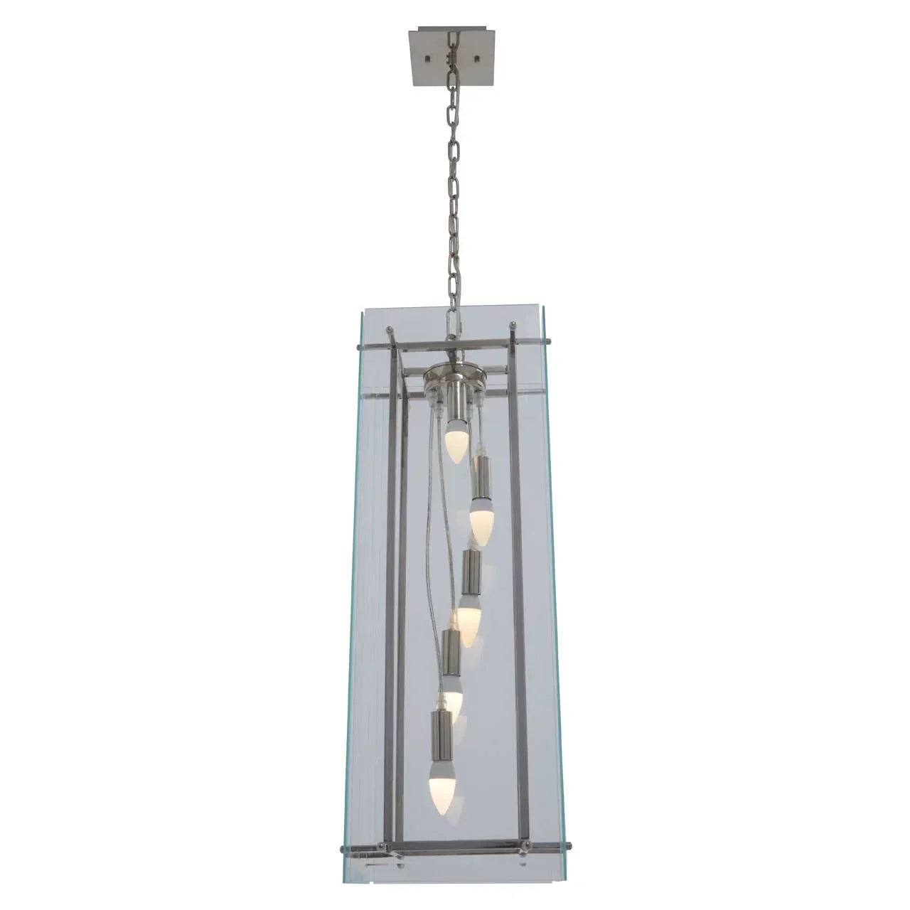 Modern pendant ceiling light with glass panels and six suspended LED bulbs