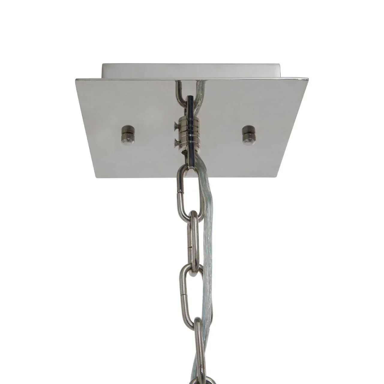 Chrome ceiling light fixture plate with chain and visible electrical cable