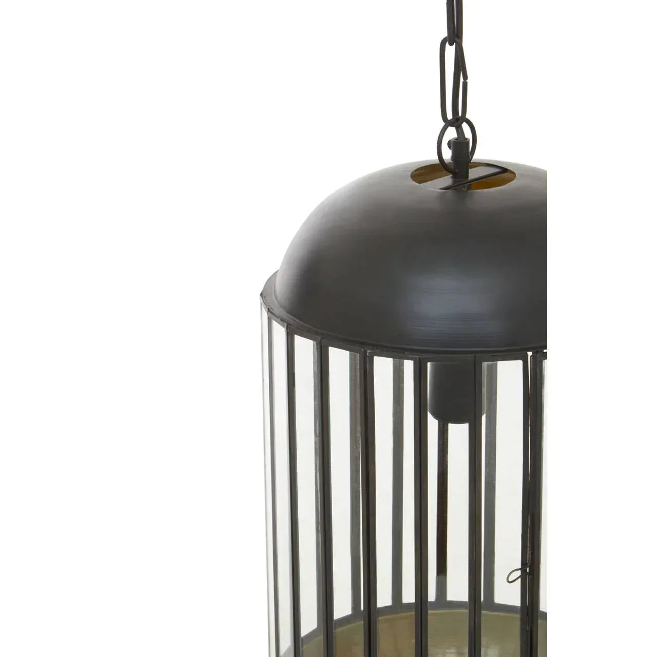 Black metal hanging lantern with glass panels and curved dome top