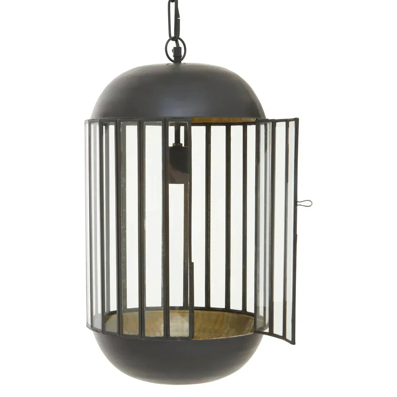 Black metal hanging lantern with open door and vertical bars