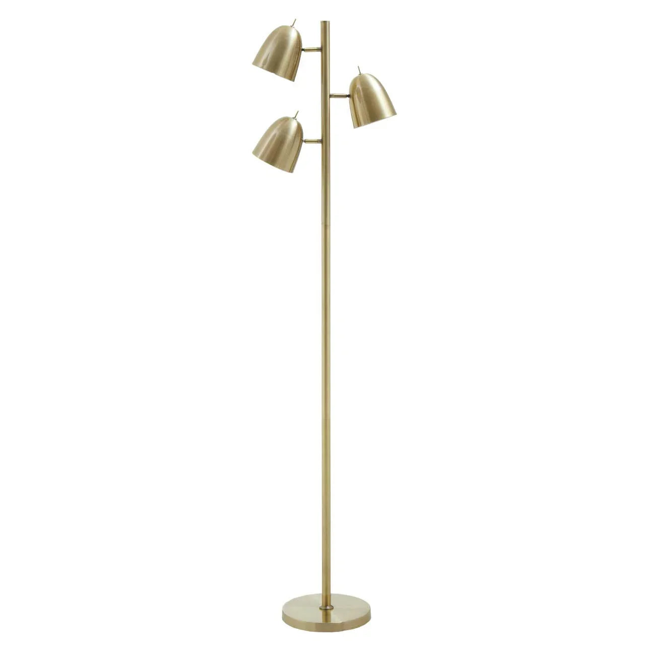 Gold metal floor lamp with three adjustable dome shades and round base