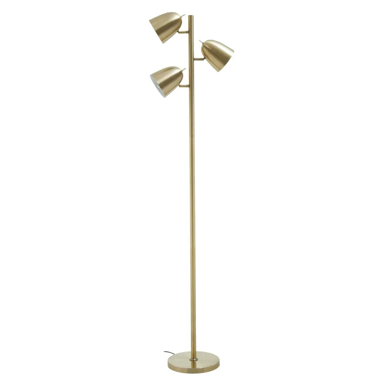 Gold floor lamp with three adjustable cone lampshades and round base