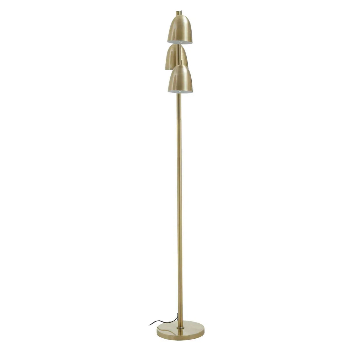Gold metal floor lamp with three dome shades and round base, upright view