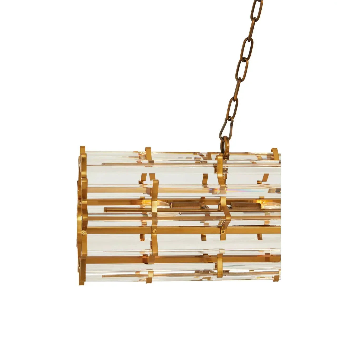 Gold and glass pendant light with rectangular crystal bars and suspended chain