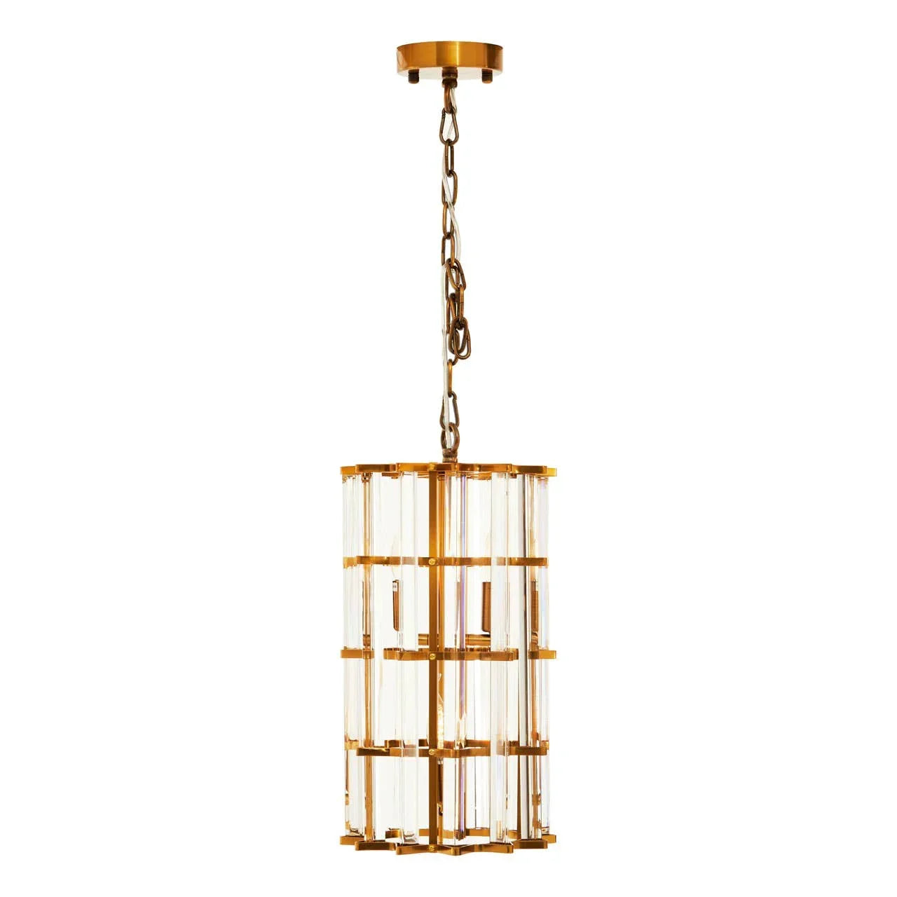Gold and glass pendant light with cylindrical crystal detail, suspended by a chain