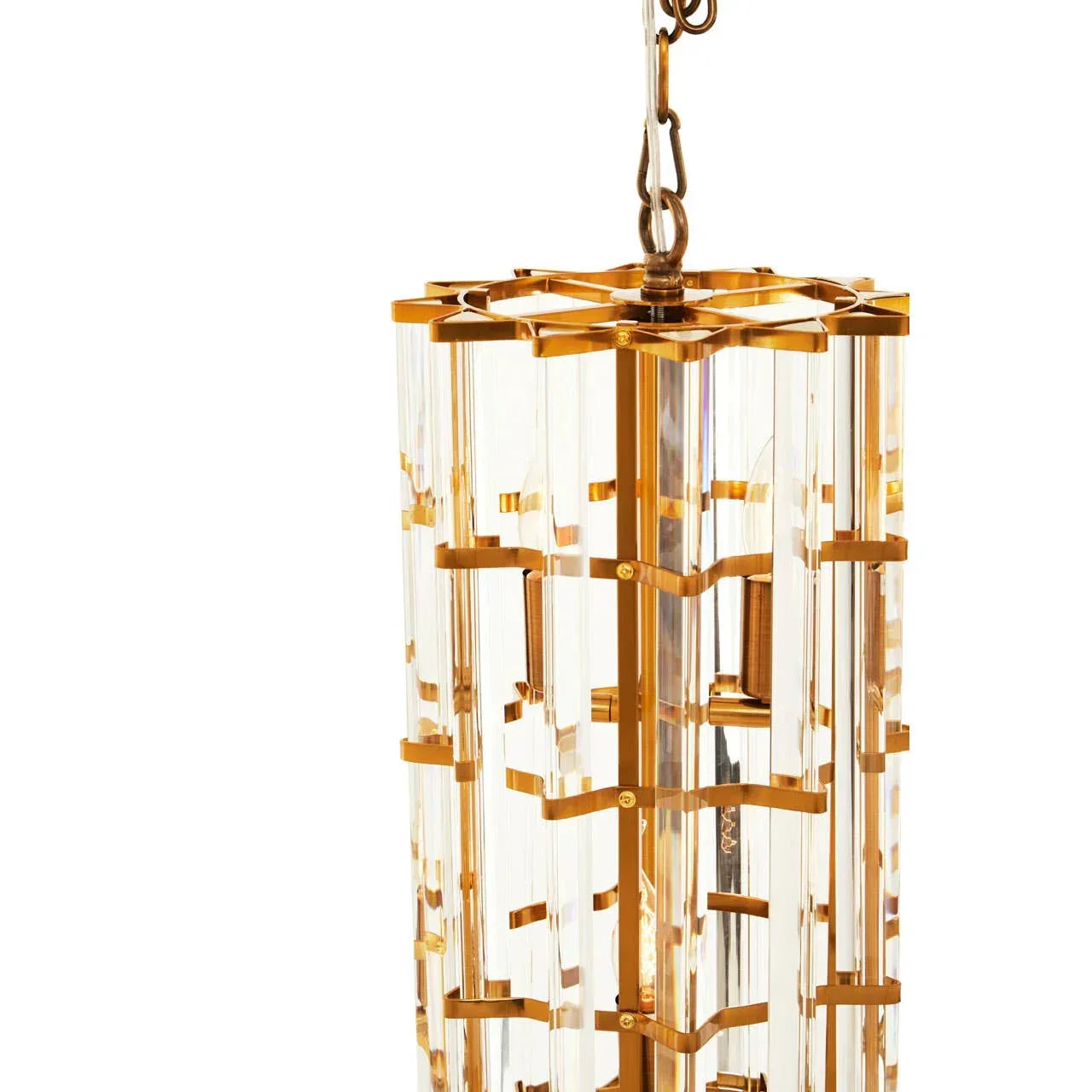 Gold frame and crystal pendant light with vertical glass rods, close-up angle
