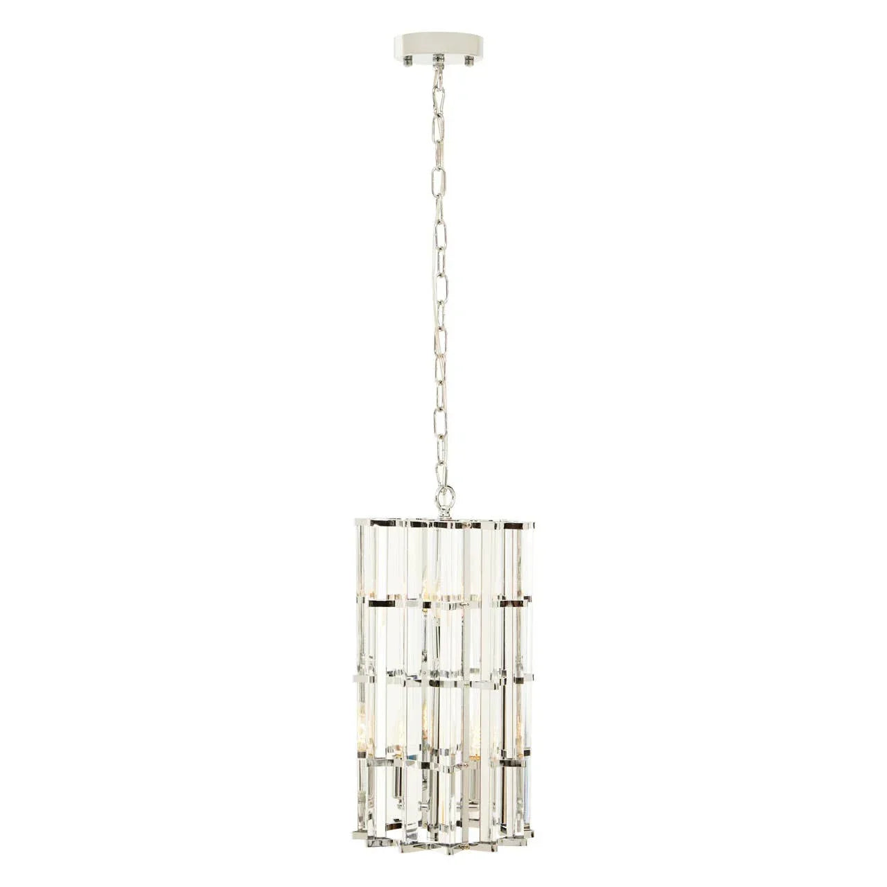 Modern crystal pendant light with chrome finish and clear glass rods hanging from ceiling