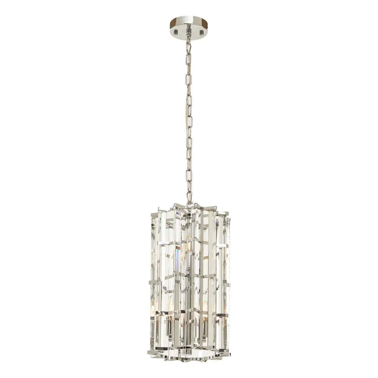 Modern crystal pendant light with chrome finish and chain suspension